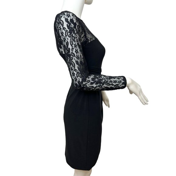 Chaps Black Lace- Trimmed Mini Dress S Petite Sheath Long Sleeve Cocktail Party - Picture 7 of 13